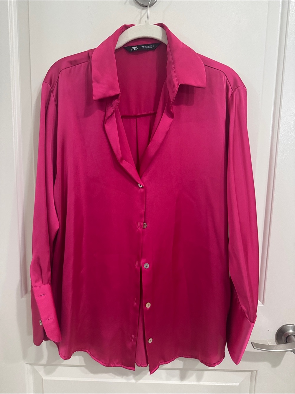 Zara Hot Pink Satin Button-Up Blouse - Size Small, Like New